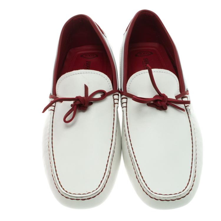Pre Owned Tod's For Ferrari White and Red Leather Bow Loafers Size 43