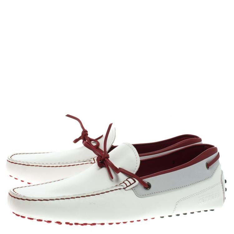 Pre Owned Tod's For Ferrari White and Red Leather Bow Loafers Size 43