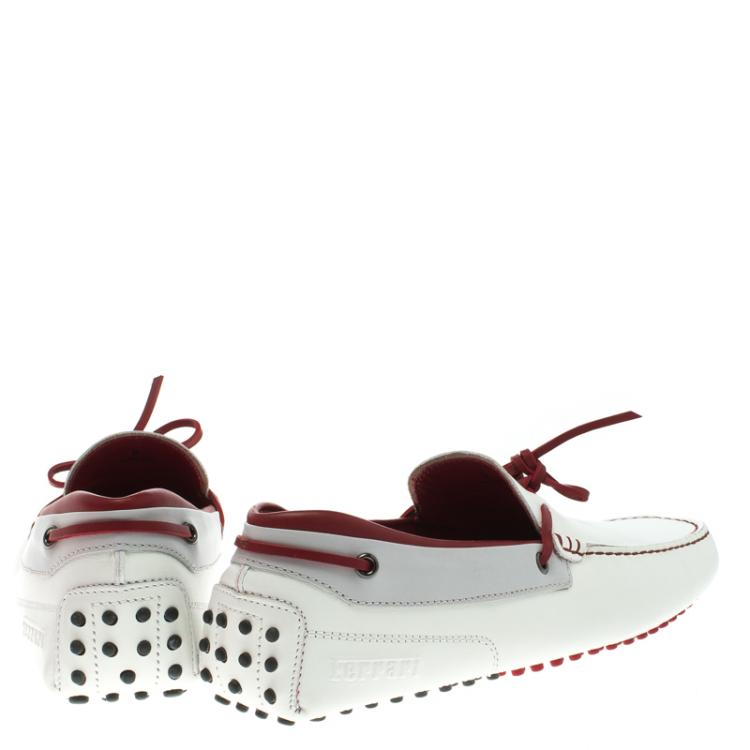 Pre Owned Tod's For Ferrari White and Red Leather Bow Loafers Size 43