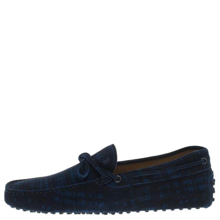 Pre Owned Tod's Blue Printed Suede Bow Loafers Size 41.5