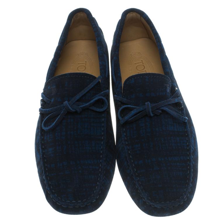 Pre Owned Tod's Blue Printed Suede Bow Loafers Size 41.5