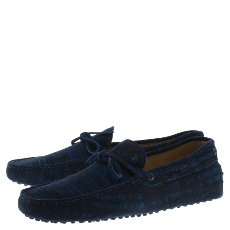 Pre Owned Tod's Blue Printed Suede Bow Loafers Size 41.5