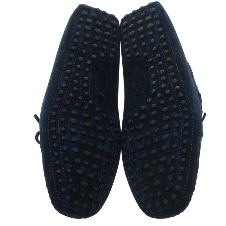 Pre Owned Tod's Blue Printed Suede Bow Loafers Size 41.5
