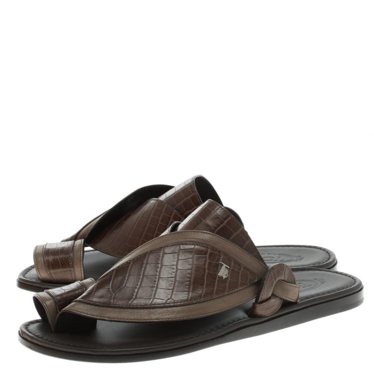 Pre Owned Tod's Brown Croc Embossed Leather Sandals Size 41.5