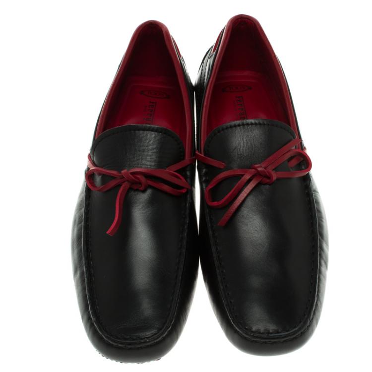 Pre Owned Tod's for Ferrari Black and Red Leather Bow Loafers Size 42