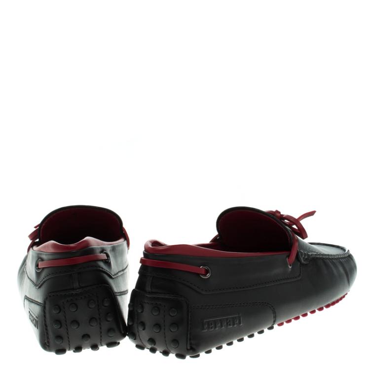 Pre Owned Tod's for Ferrari Black and Red Leather Bow Loafers Size 42
