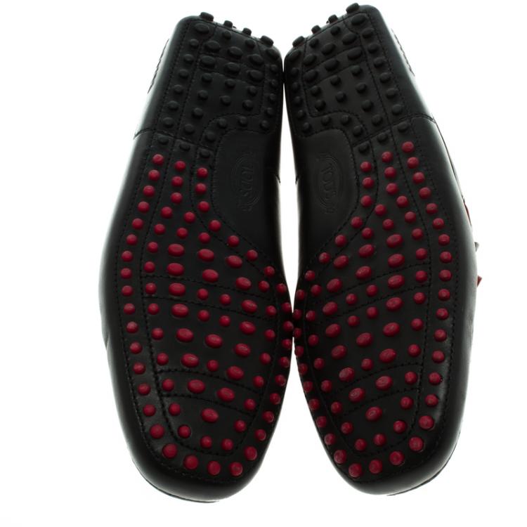Pre Owned Tod's for Ferrari Black and Red Leather Bow Loafers Size 42