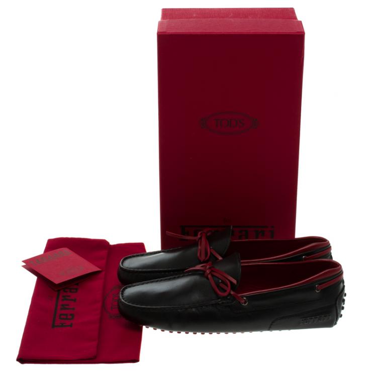 Pre Owned Tod's for Ferrari Black and Red Leather Bow Loafers Size 42