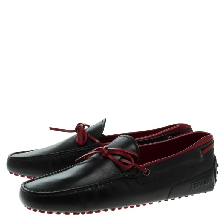 مملوكة مسبقًا Tod's for Ferrari Black and Red Leather Bow Loafers Size 43