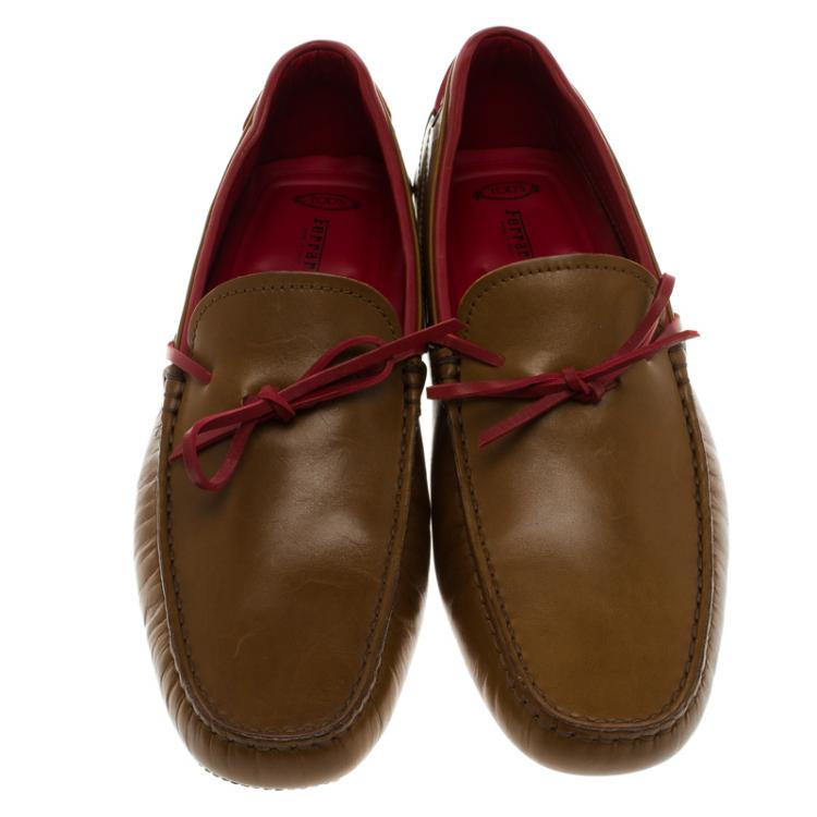 Pre Owned Tod's For Ferrari Brown Leather Bow Loafers Size 42.5
