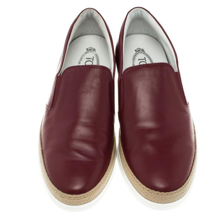 Pre Owned Tod's Burgundy Leather Espadrille Slip On Sneakers Size 42.5