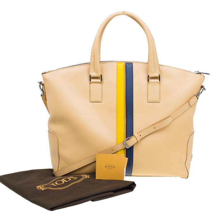 Pre Owned Tod's Nude Leather Double Striped Travel Bag