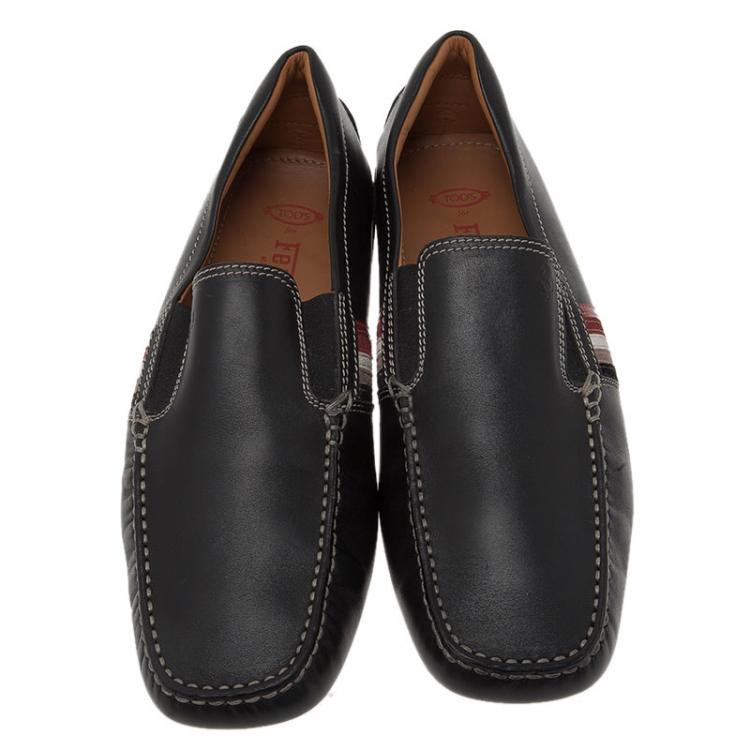 Pre Owned Tod's for Ferrari Black Leather and Suede Striped Loafers Size 43.5