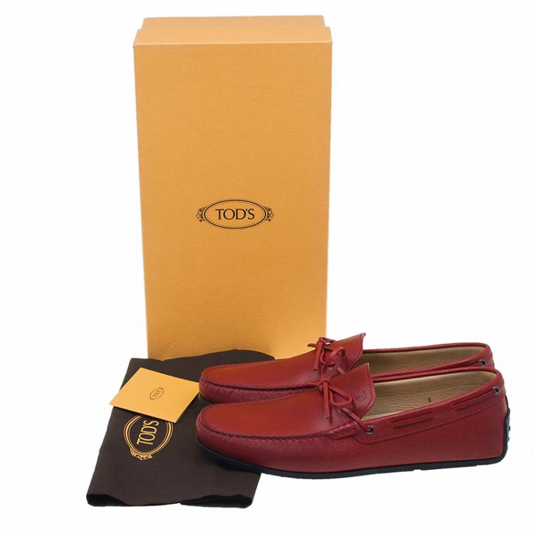 Pre Owned Tod's Red Leather Bow Loafers Size 43