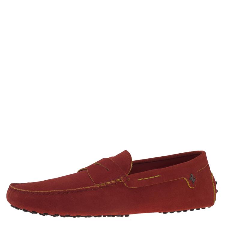 Pre Owned Tod's for Ferrari Red Suede Penny Loafers Size 44