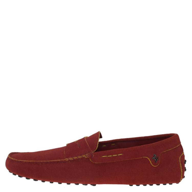 Pre Owned Tod's for Ferrari Red Suede Penny Loafers Size 44