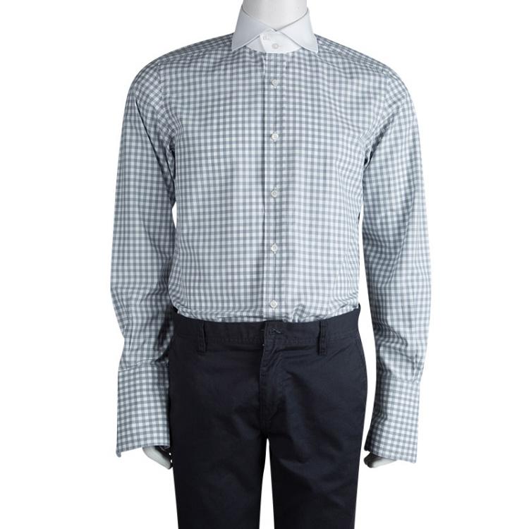 Pre Owned Tom Ford Grey Contrast Collar Gingham Checked Cotton Shirt L