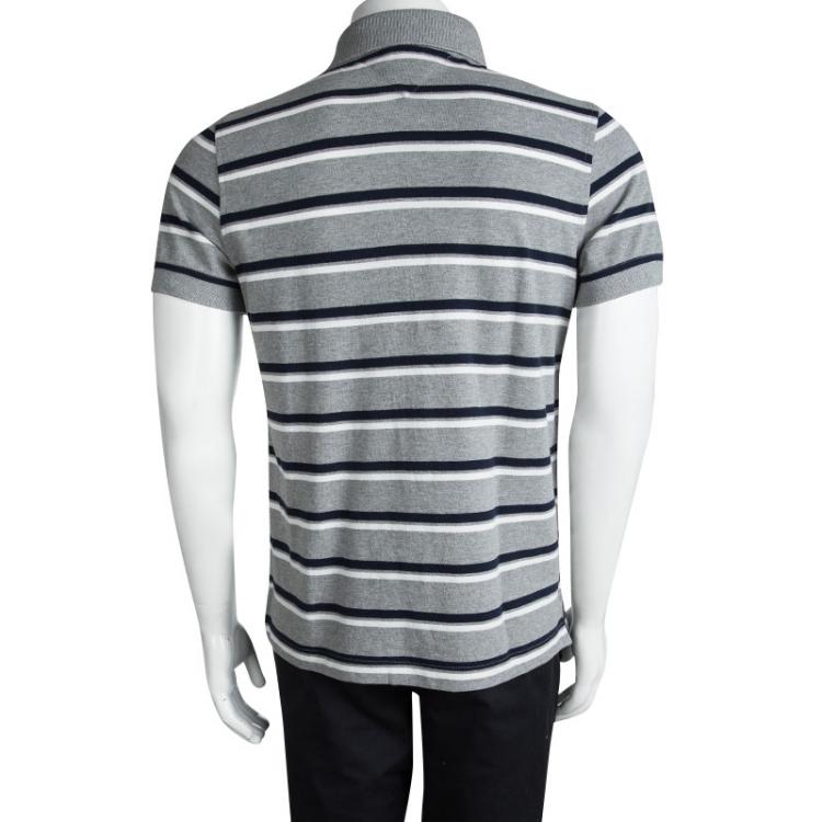 Pre Owned Tommy Hilfiger Grey and Navy Blue Striped Custom Fit Polo T-Shirt S