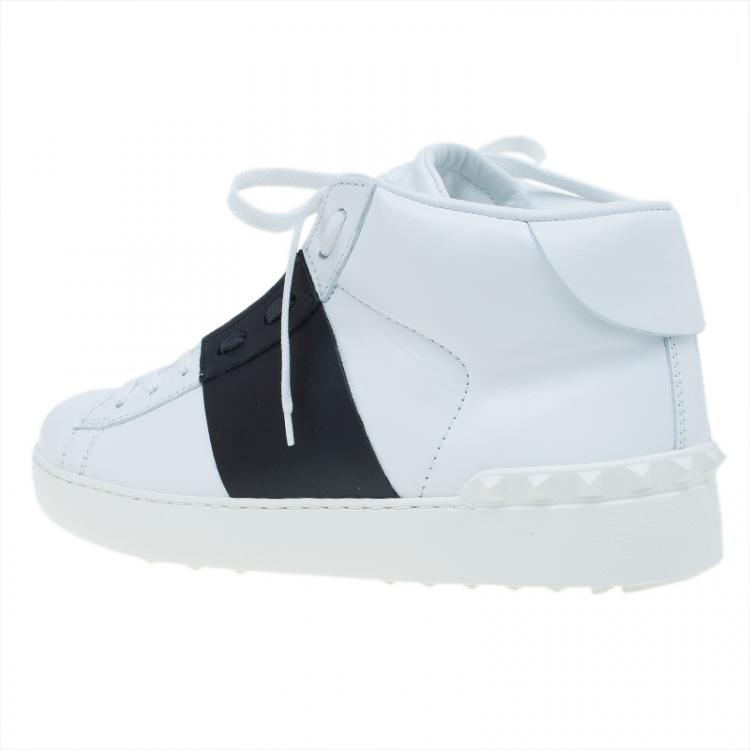 Pre Owned Valentino White and Black Banded Leather High Top Sneakers Size 40
