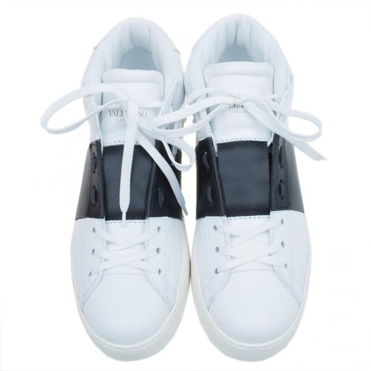 Pre Owned Valentino White and Black Banded Leather High Top Sneakers Size 40