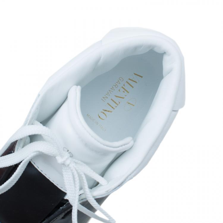 Pre Owned Valentino White and Black Banded Leather High Top Sneakers Size 40