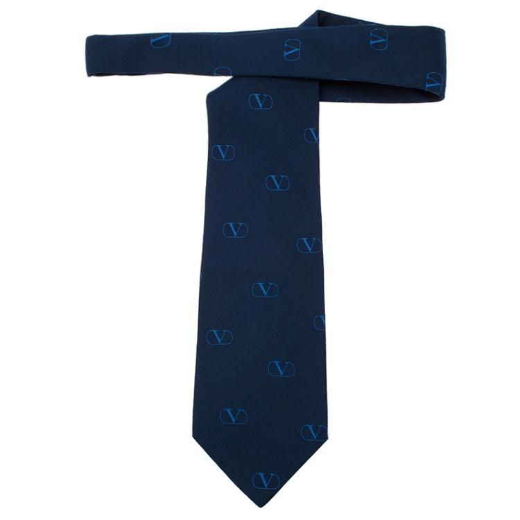 Pre Owned Valentino Navy Blue Silk Logo Tie