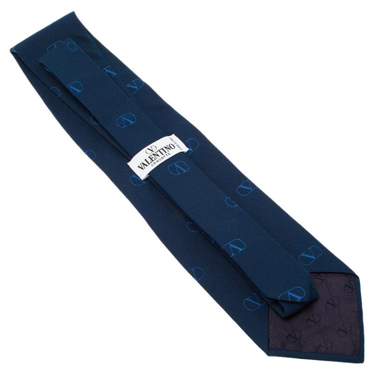 Pre Owned Valentino Navy Blue Silk Logo Tie