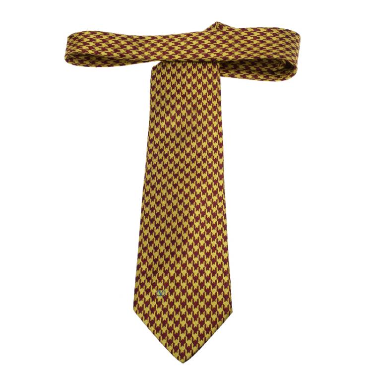 Pre Owned Valentino Yellow & Red Two Tone Houndstooth Woven Silk Tie