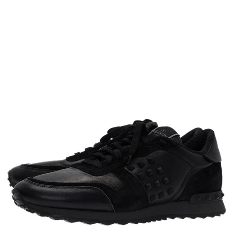 Pre Owned Valentino Black Suede and Leather Rockstud Sneakers Size 44