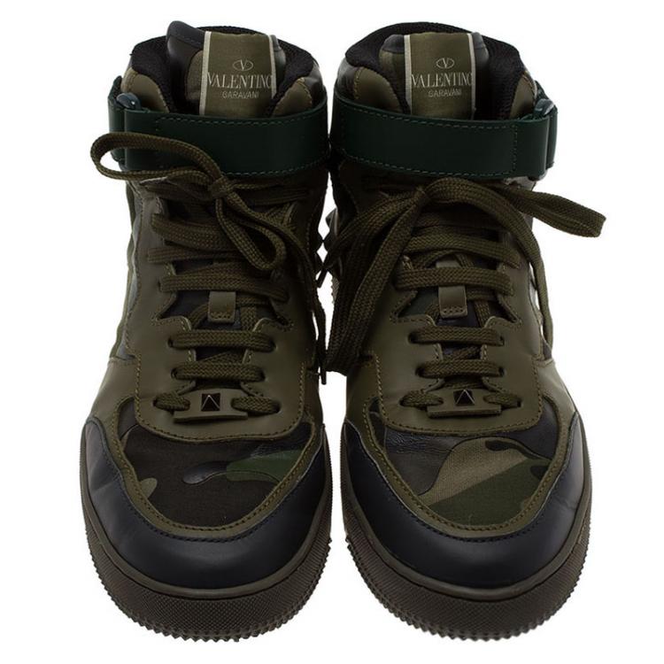 Pre Owned Valentino Green Camouflage Print Leather High Top Sneakers Size 43