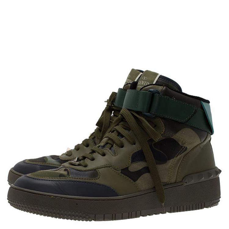 Pre Owned Valentino Green Camouflage Print Leather High Top Sneakers Size 43