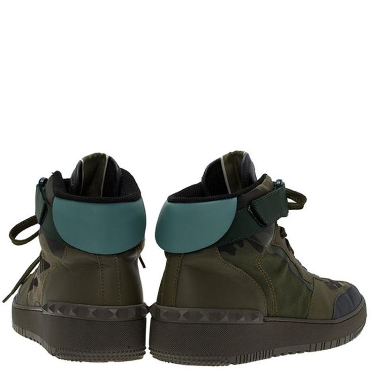 Pre Owned Valentino Green Camouflage Print Leather High Top Sneakers Size 43