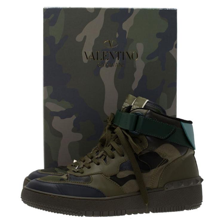 Pre Owned Valentino Green Camouflage Print Leather High Top Sneakers Size 43