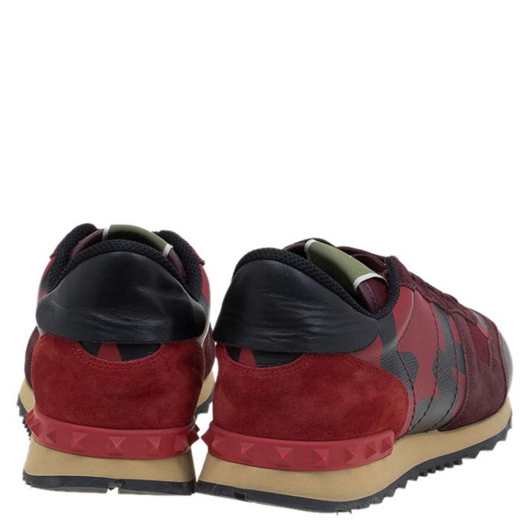 Pre Owned Valentino Red Camouflage Leather and Suede Rockrunner Sneakers Size 43