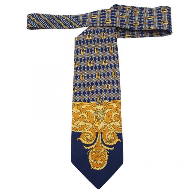 Pre Owned Gianni Versace Blue and Yellow Printed Silk Tie 
