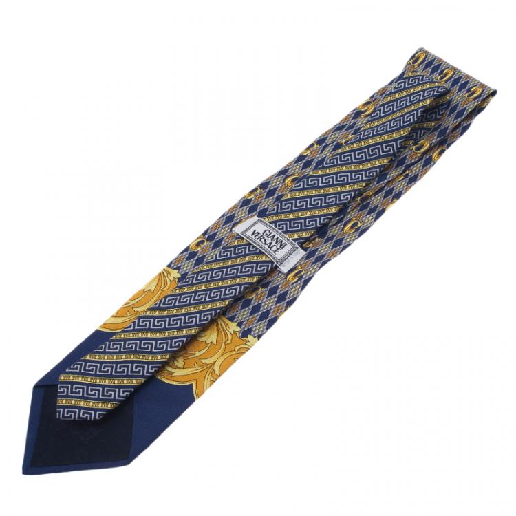 Pre Owned Gianni Versace Blue and Yellow Printed Silk Tie 