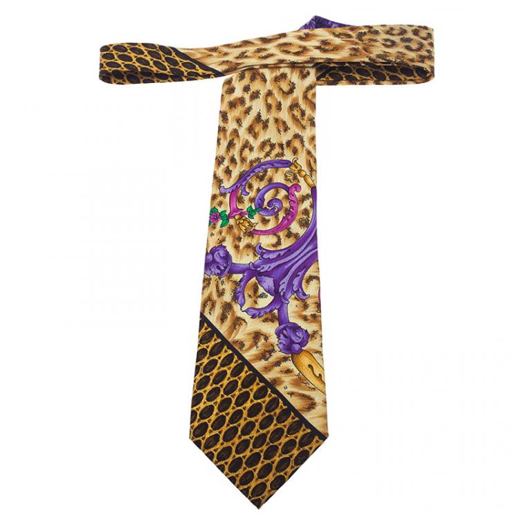 Pre Owned Gianni Versace Yellow Leopard Printed Silk Tie 