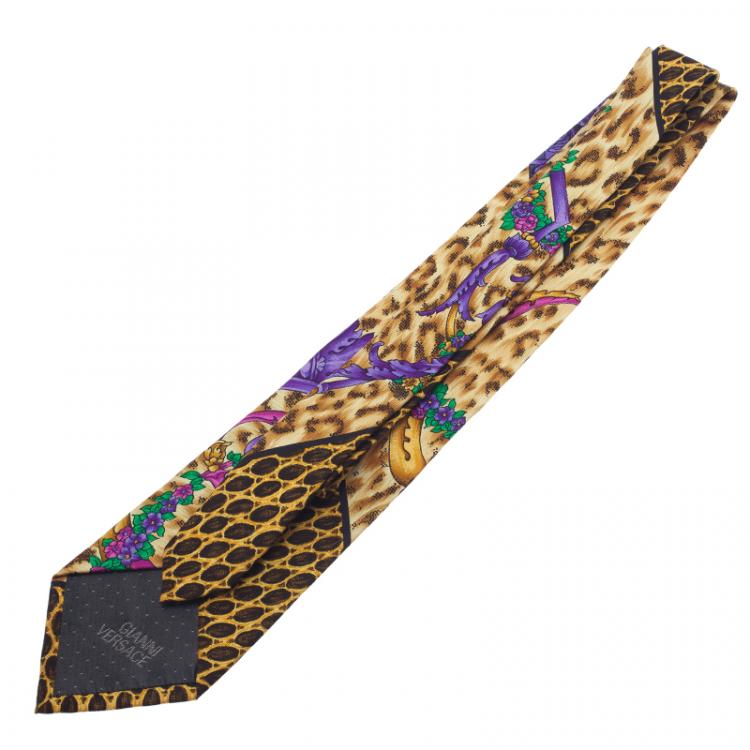 Pre Owned Gianni Versace Yellow Leopard Printed Silk Tie 