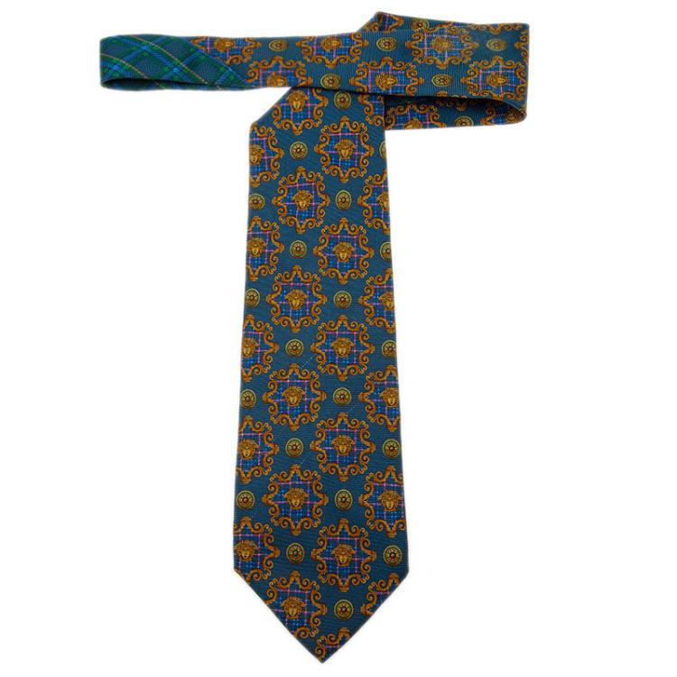 Pre Owned Gianni Versace Blue Silk Medusa Tie
