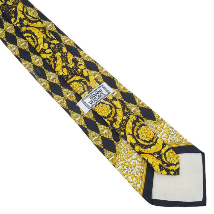Pre Owned Gianni Versace Black and Yellow Printed Tie