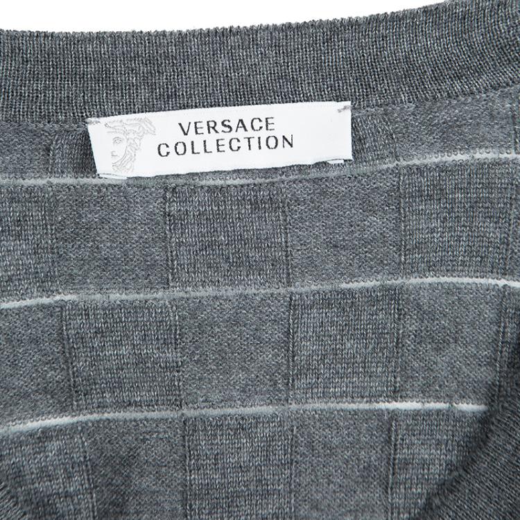 Pre Owned Versace Collection Grey Geometric Pattern Crew Neck Sweater XL