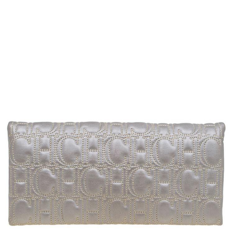 Pre Owned Carolina Herrera Silver Monogram Leather Jerry Clutch