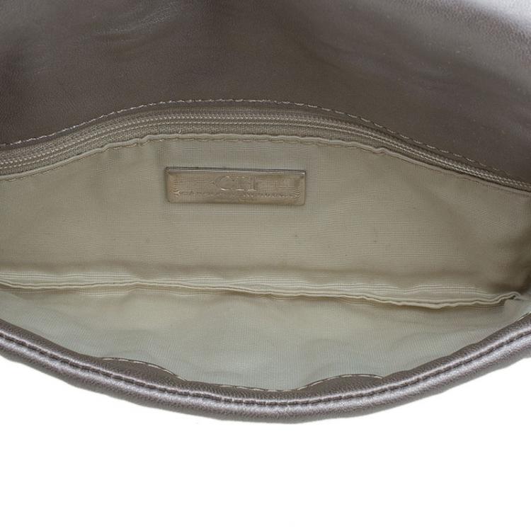 Pre Owned Carolina Herrera Silver Monogram Leather Jerry Clutch
