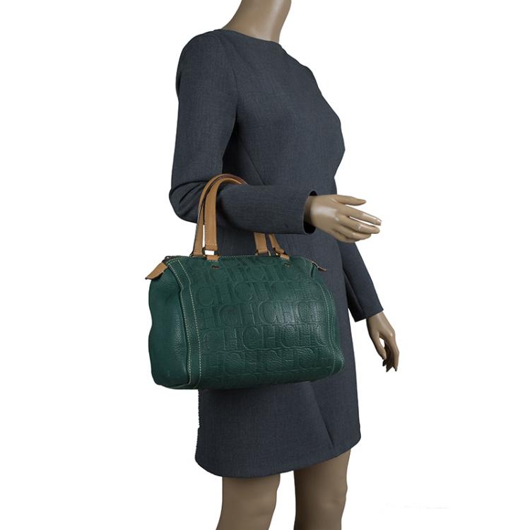 Pre Owned Carolina Herrera Green Monogram Canvas Andy Boston Bag