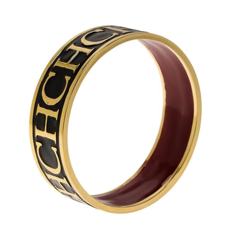 Pre Owned Carolina Herrera CH Logo Gold Tone & Black Enamel Wide Bangle Bracelet 20cm
