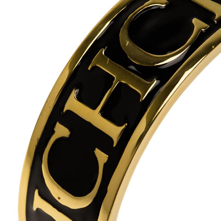 Pre Owned Carolina Herrera CH Logo Gold Tone & Black Enamel Wide Bangle Bracelet 20cm