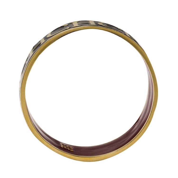 Pre Owned Carolina Herrera CH Logo Gold Tone & Black Enamel Wide Bangle Bracelet 20cm