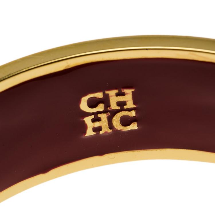 Pre Owned Carolina Herrera CH Logo Gold Tone & Black Enamel Wide Bangle Bracelet 20cm
