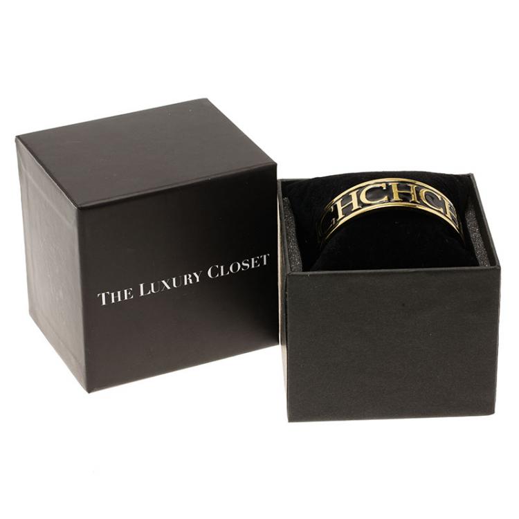 Pre Owned Carolina Herrera CH Logo Gold Tone & Black Enamel Wide Bangle Bracelet 20cm