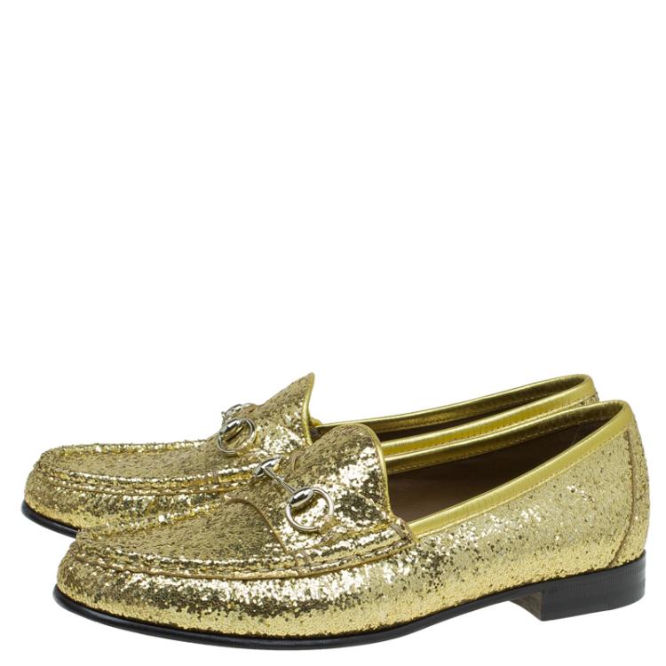 Pre Owned Gucci Gold Glitter Fabric and Leather Horsebit Loafers Size 37.5